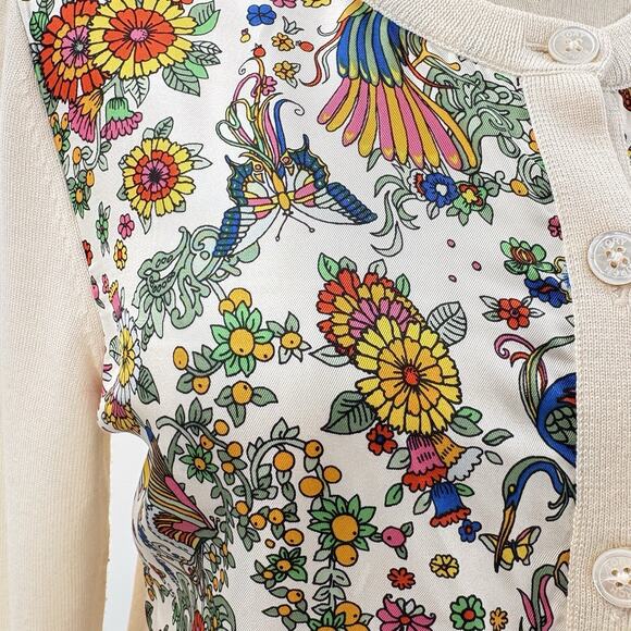 Tory Burch Silk Front Wool Cardigan Sweater Floral Peacock Cream Button-up READ - Picture 11 of 16